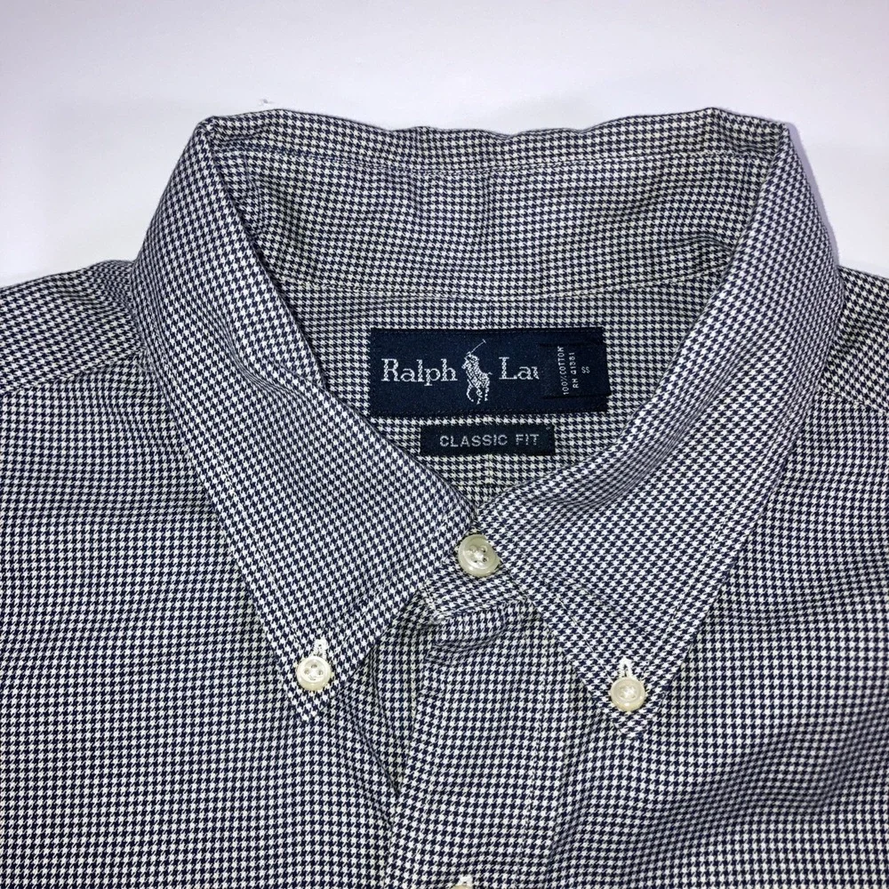 Polo Ralph Lauren Shirt Mens XL 17.5 Houndstooth Navy White L/S Button Down Flaw